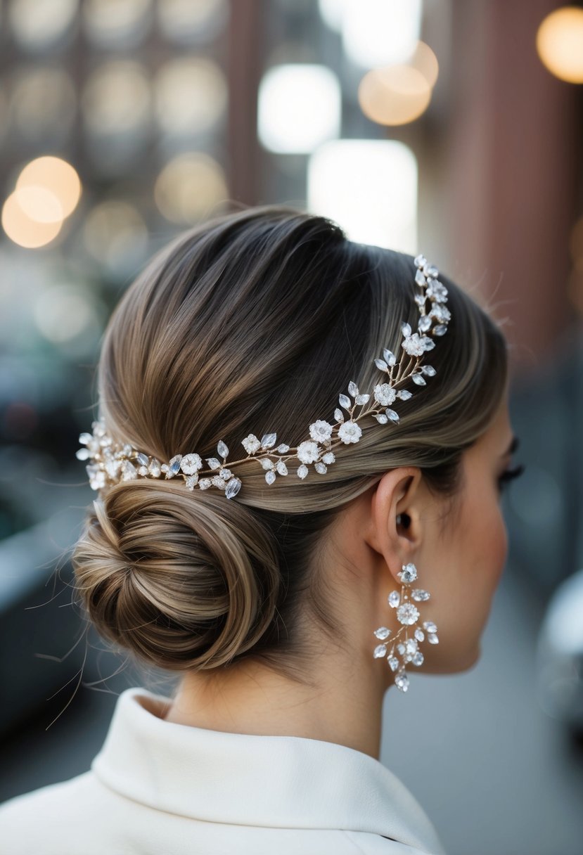 A close-up of a low bun hairstyle adorned with petite floral crystal earrings