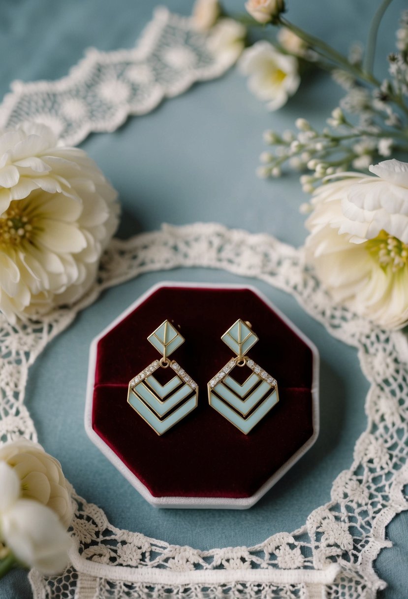 A pair of geometric design earrings displayed on a velvet cushion, surrounded by delicate lace and floral accents