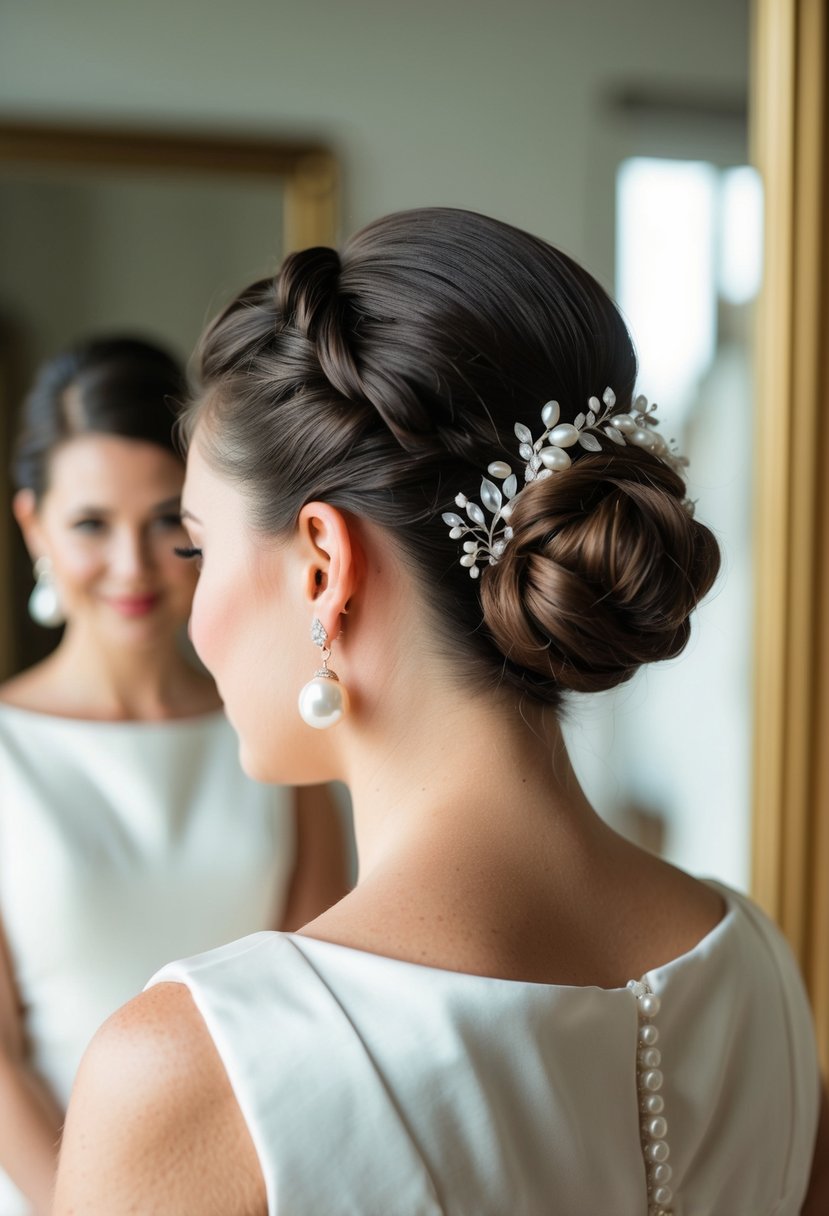 A bride's low bun adorned with freshwater pearl earrings, reflecting in a mirror