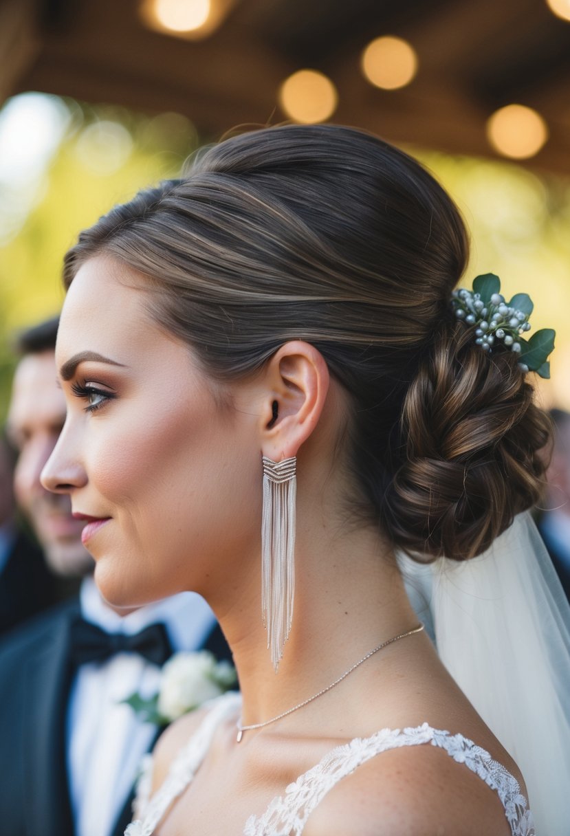 Sleek silver threader earrings dangle from a low bun hairstyle, catching the light at a wedding ceremony