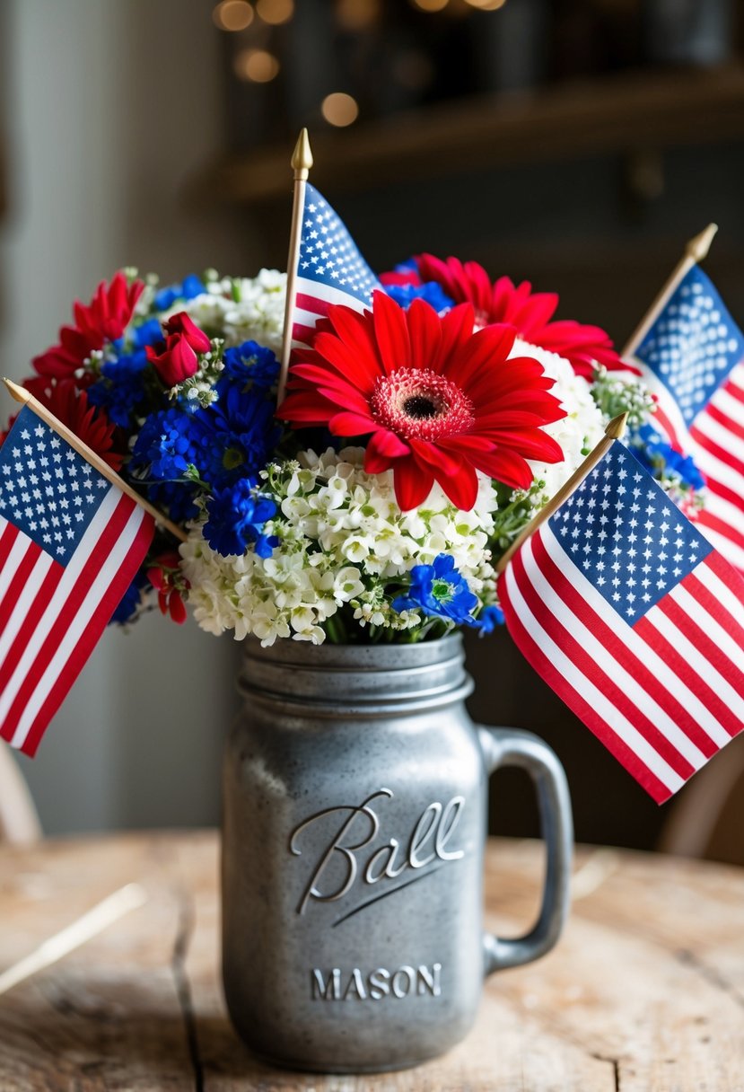 A festive bouquet of red, white, and blue flowers arranged in a rustic mason jar vase, with small American flags tucked in among the blooms