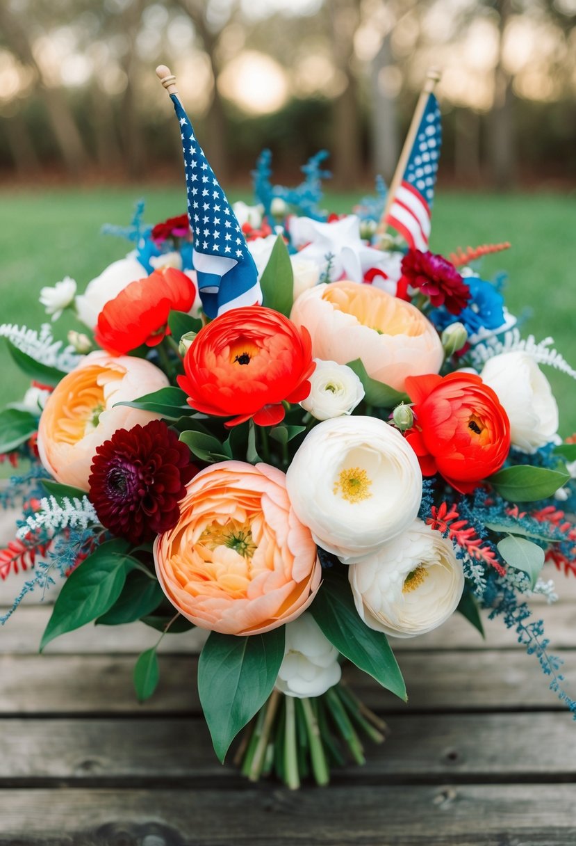 A vibrant bouquet of peach ranunculus and charm flowers, accented with red, white, and blue foliage, perfect for a 4th of July wedding celebration