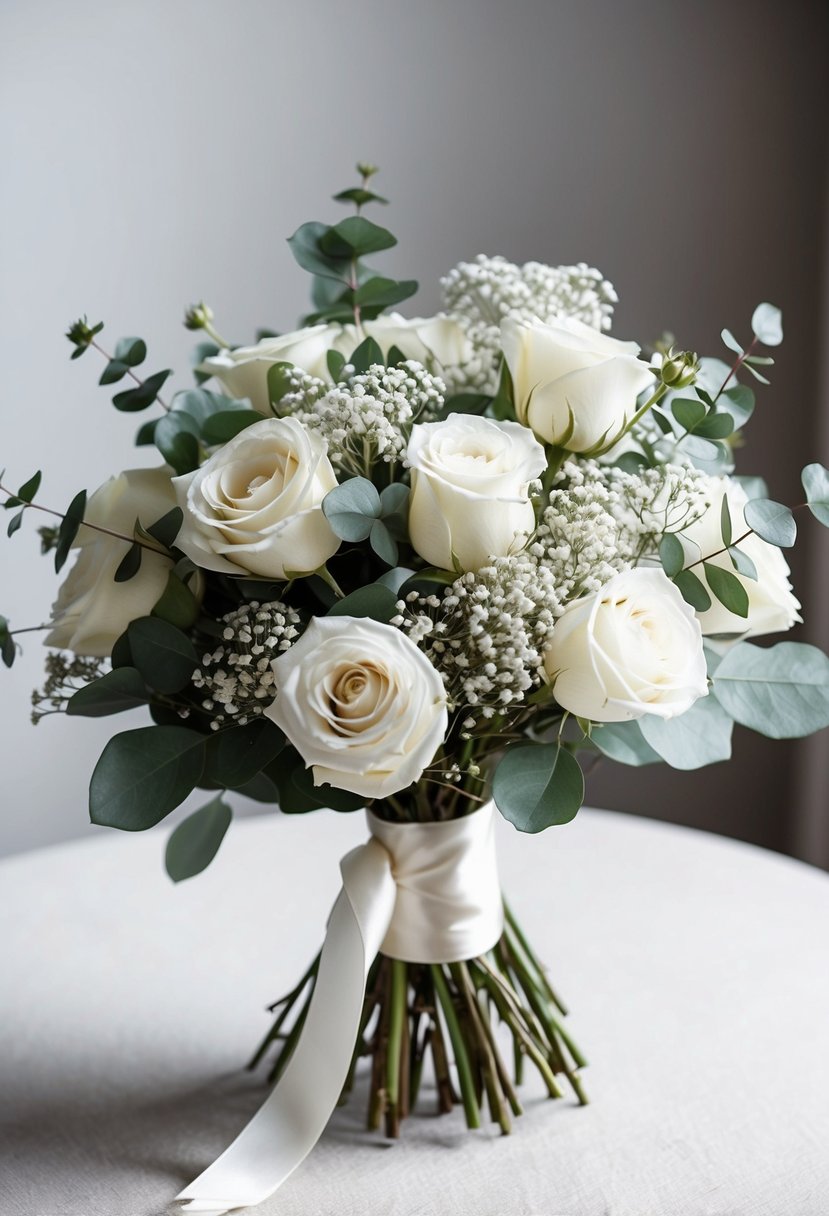 A delicate bouquet of white roses, baby's breath, and eucalyptus tied with a satin ribbon