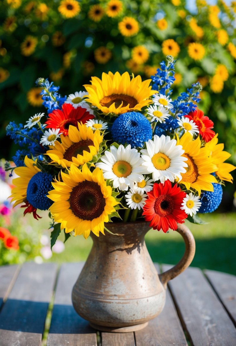 A vibrant bouquet of sunflowers, daisies, and red, white, and blue blooms arranged in a rustic vase, set against a backdrop of a sunny summer garden