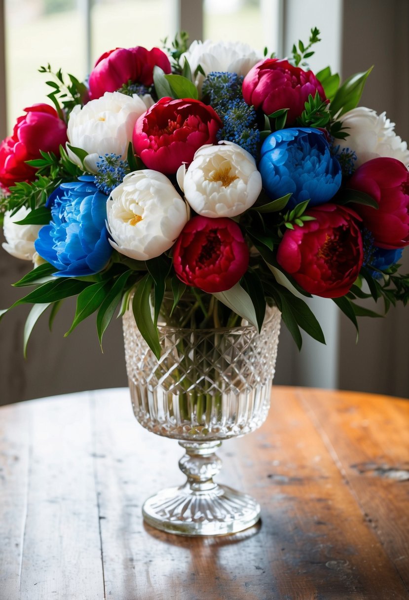 A vibrant bouquet of red, white, and blue peonies, accented with greenery, sits in a crystal vase on a rustic wooden table