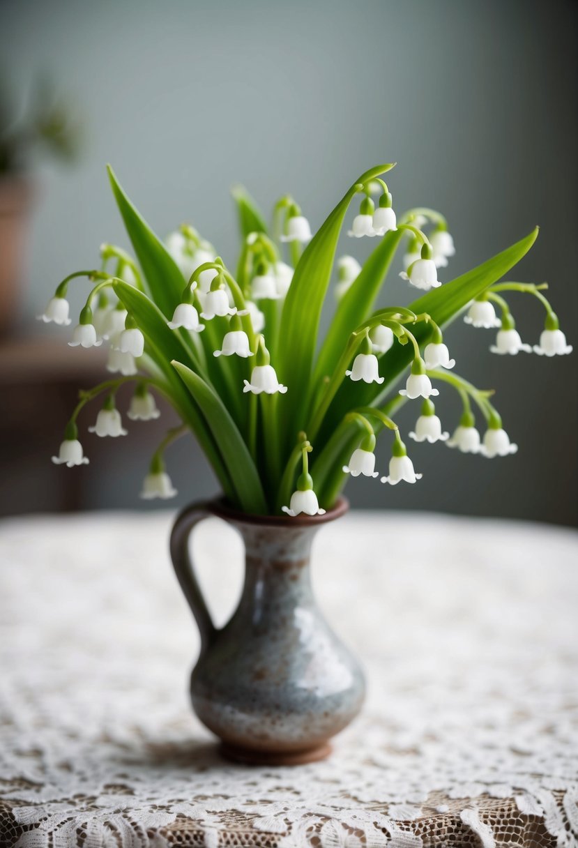 A delicate bouquet of Lily of the Valley nestled in a small, rustic vase on a lace-covered table