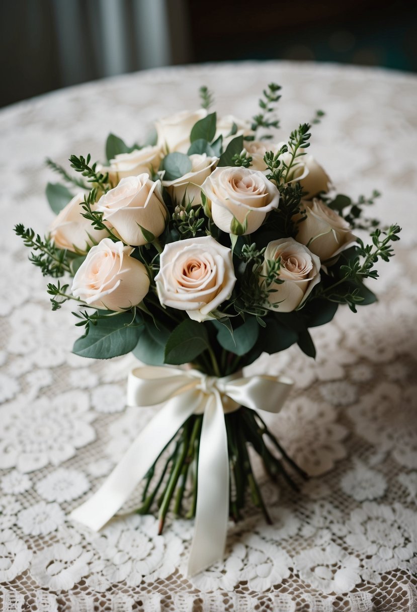 A delicate bouquet of petite roses and greenery, tied with a satin ribbon, sits on a vintage lace tablecloth