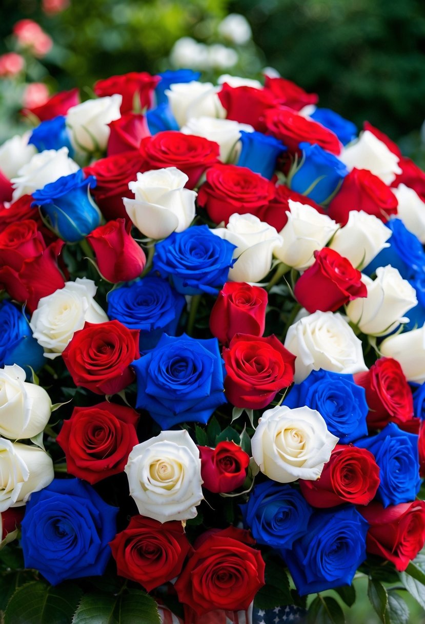 A lush garden filled with vibrant red, white, and blue roses, arranged in a beautiful bouquet for a romantic 4th of July wedding celebration