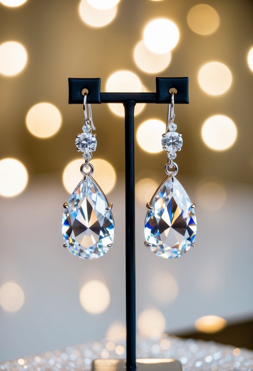 A sparkling pair of crystal wedding earrings dangling from a jewelry stand, catching the light and casting shimmering reflections