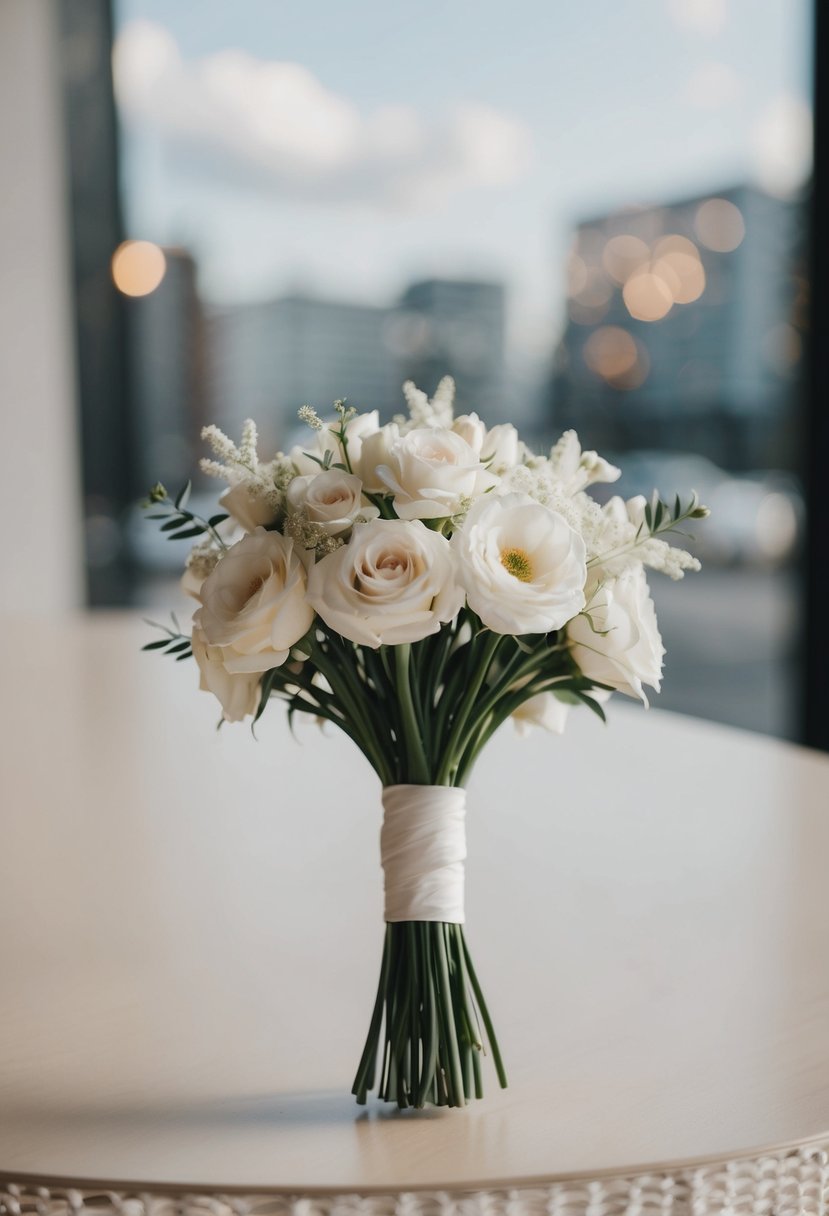 A small, elegant white wedding bouquet with minimalist design