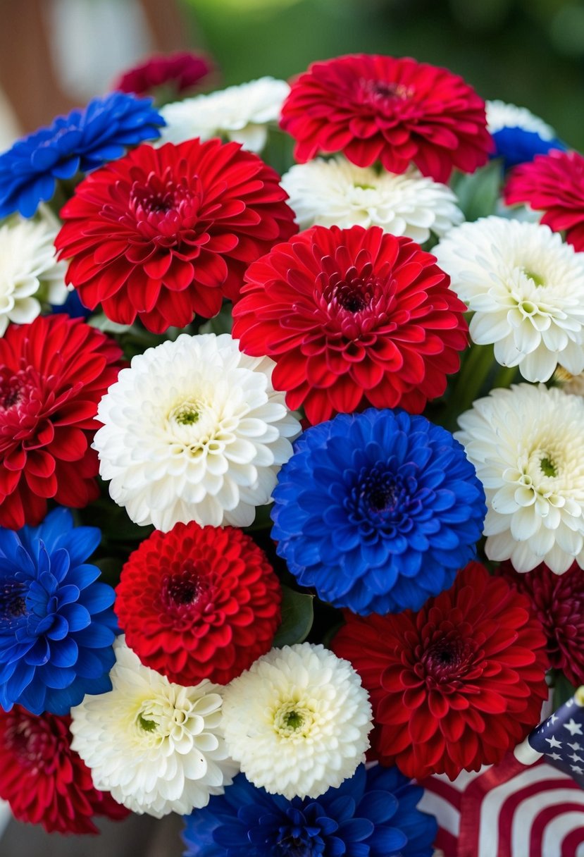 A vibrant cluster of zinnias in red, white, and blue, arranged in a festive 4th of July wedding bouquet