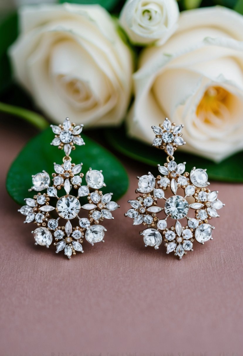 A pair of elegant floral design earrings with intricate crystal details, perfect for a wedding ensemble