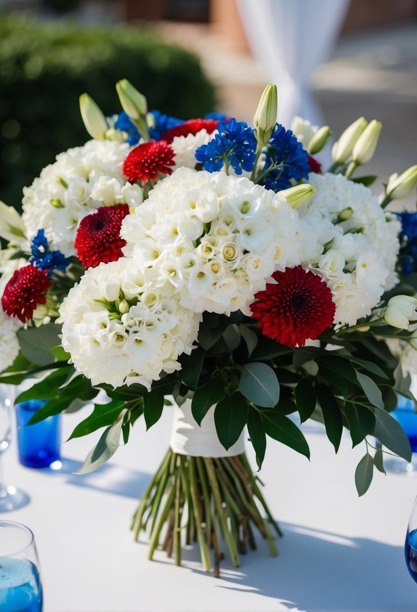 A lush bouquet of white lisianthus with touches of blue and red, arranged in an elegant and romantic style for a 4th of July wedding celebration