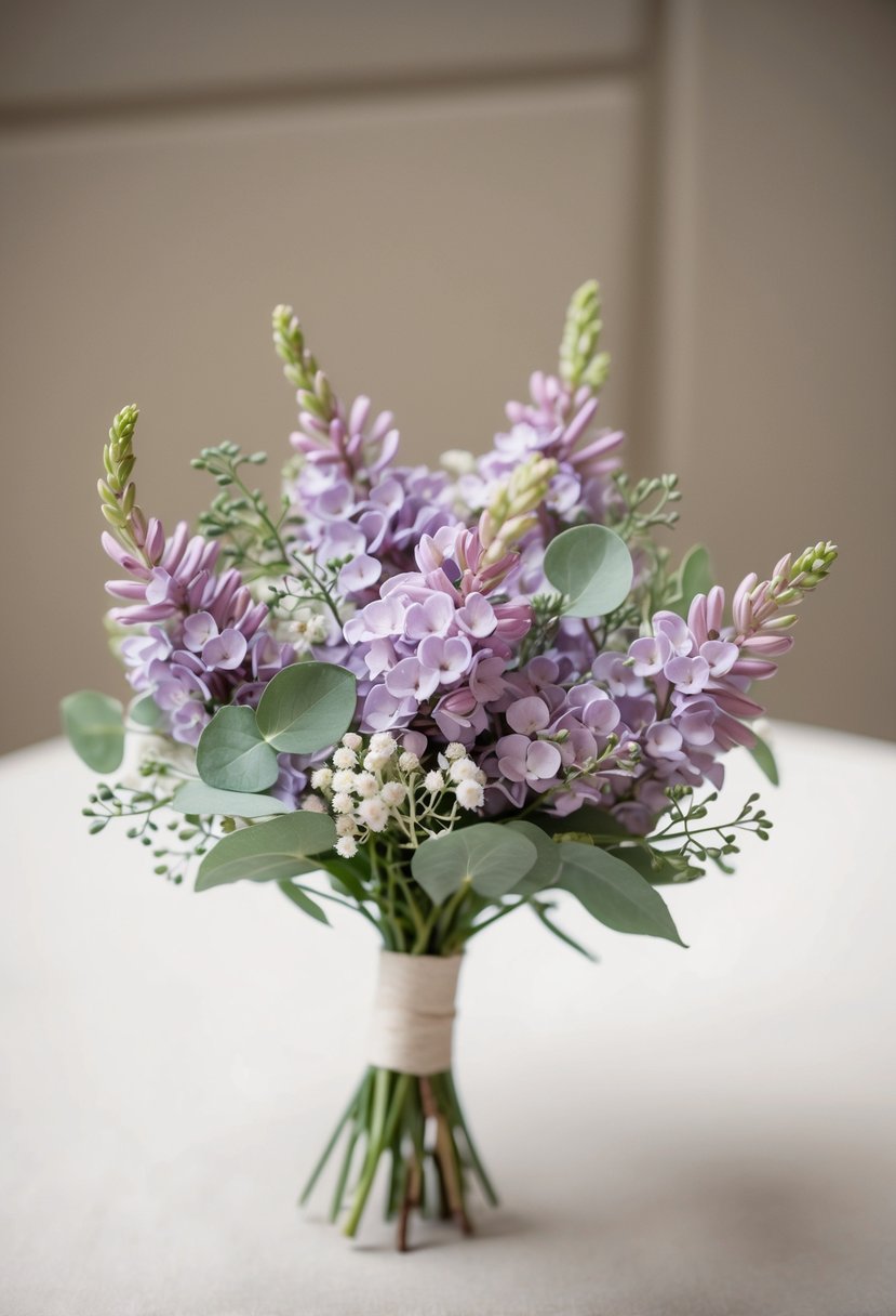 A small wedding bouquet of lilac flowers and delicate greenery arranged in a simple, elegant style