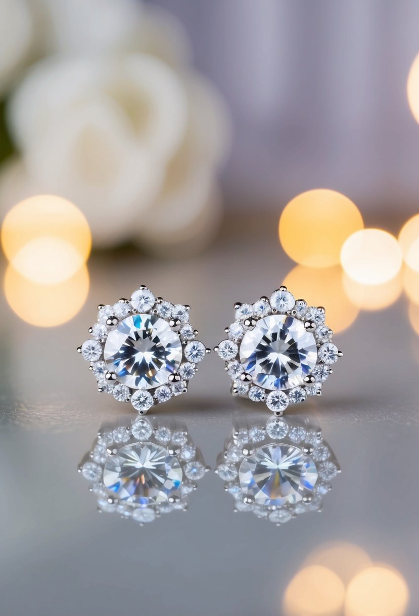 A pair of cubic zirconia studs with crystal accents, sparkling in the soft light of a wedding reception