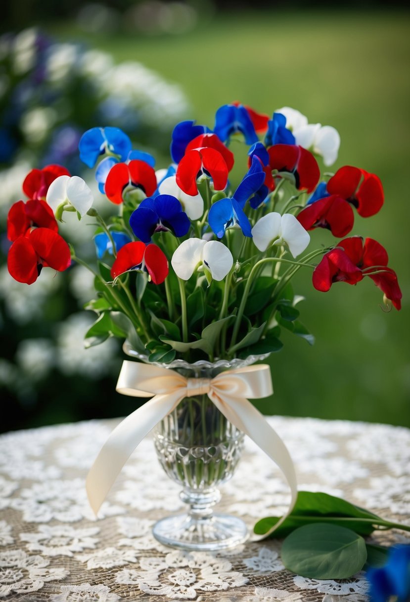 A lush bouquet of red, white, and blue sweet peas, tied with a satin ribbon, sits in a crystal vase on a lace-covered table