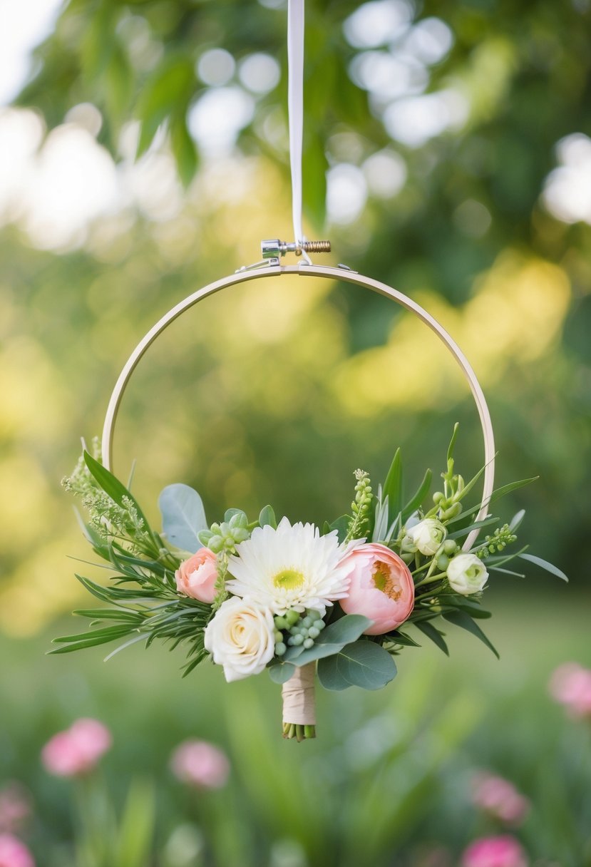 A small, delicate hoop adorned with fresh flowers and greenery, perfect for a wedding bouquet