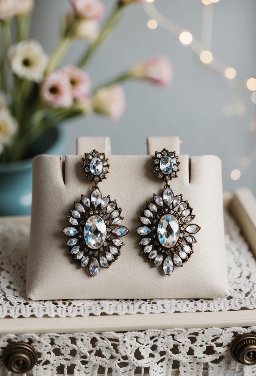 A pair of vintage-inspired statement earrings with sparkling crystals, displayed on a lace-covered antique vanity