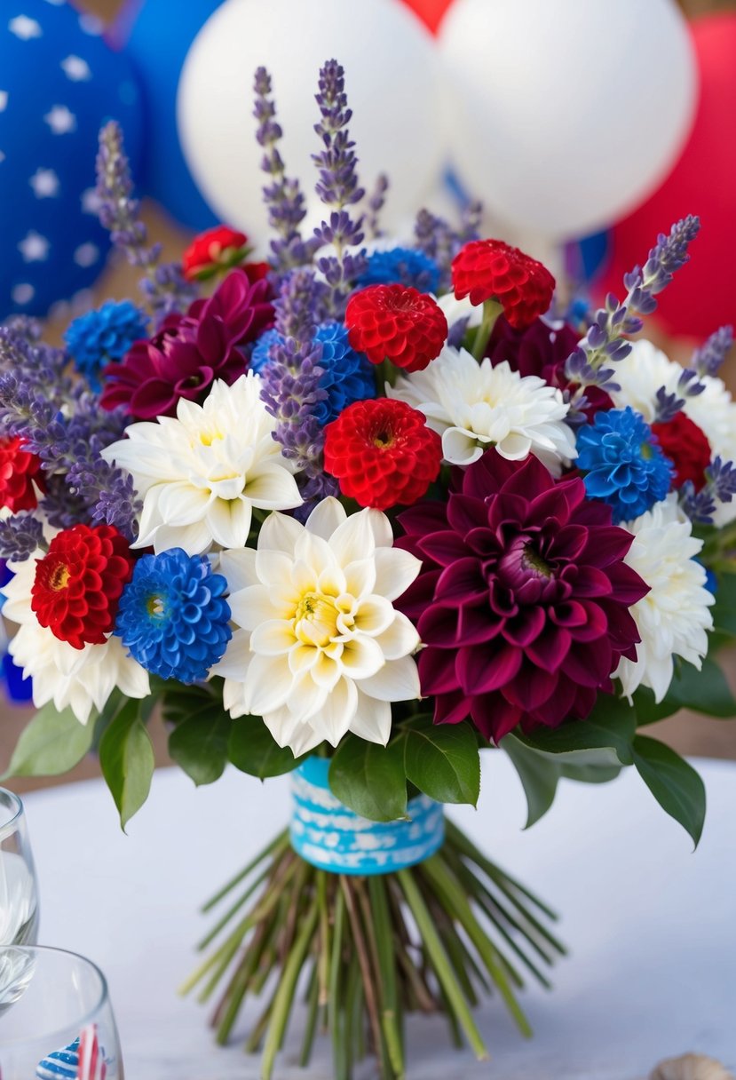 A bouquet of lavender and dahlia flowers arranged in a dreamy 4th of July wedding theme, with red, white, and blue accents