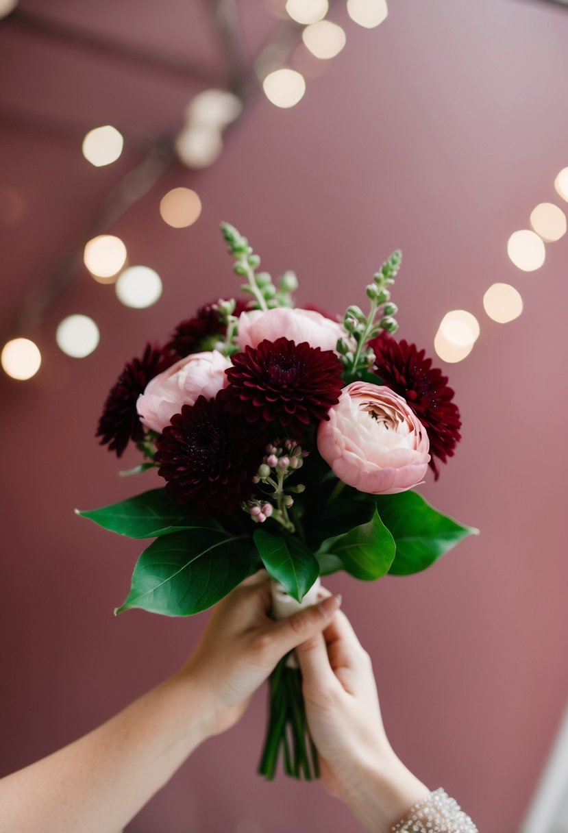 A small bouquet of burgundy and blush flowers arranged in harmony