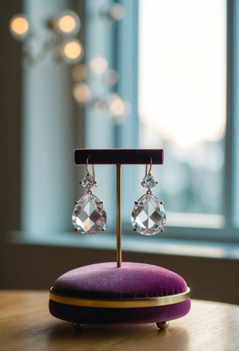 A delicate pair of crystal earrings displayed on a velvet cushion, catching the light in a softly lit room