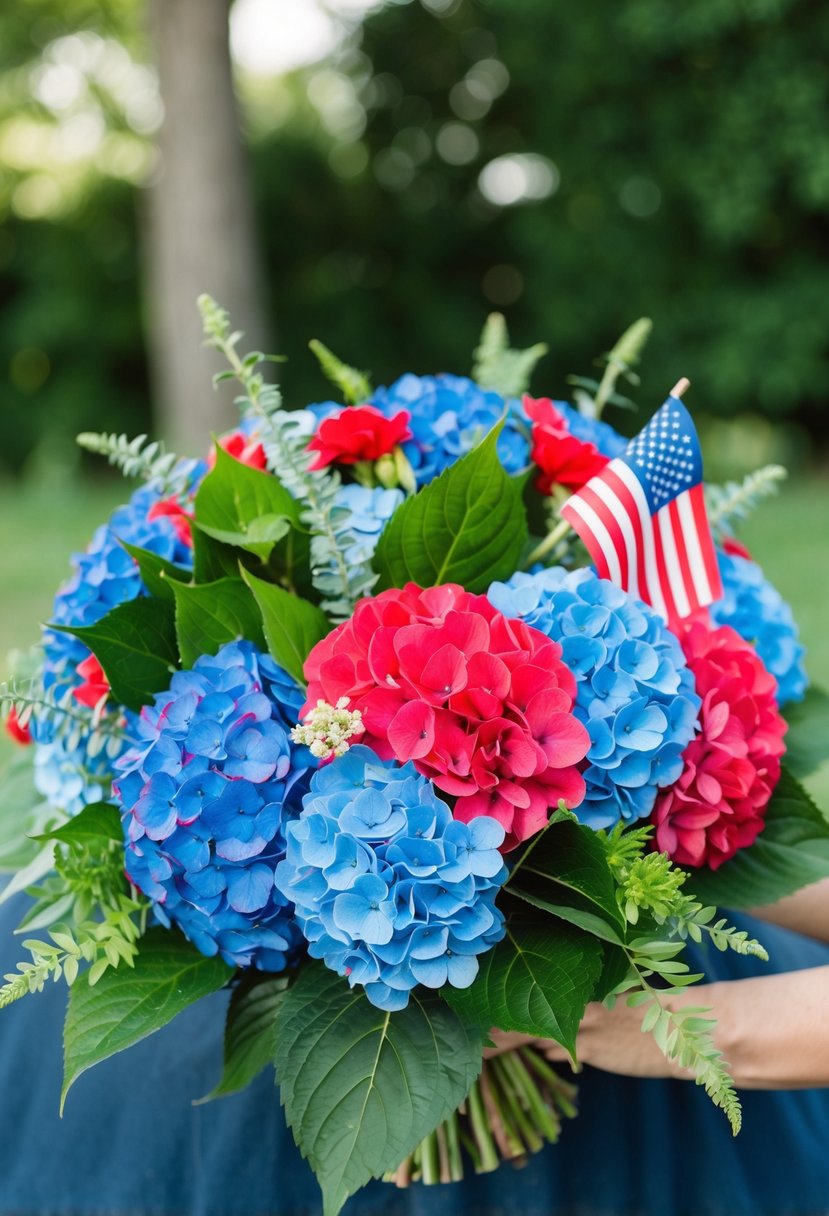 A vibrant bouquet of blue and red hydrangeas, accented with lush greenery, arranged in a statement piece for a 4th of July wedding