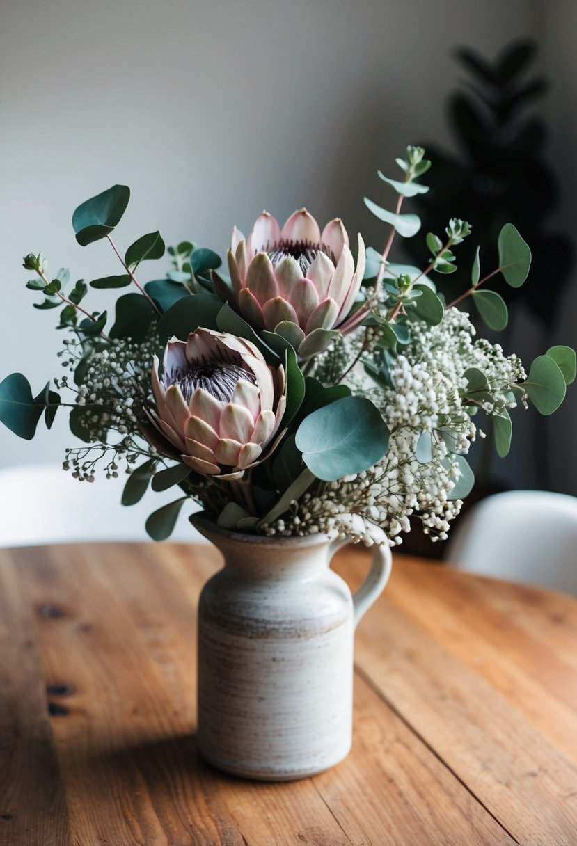 A small bouquet of proteas, eucalyptus, and baby's breath arranged in a rustic vase on a wooden table