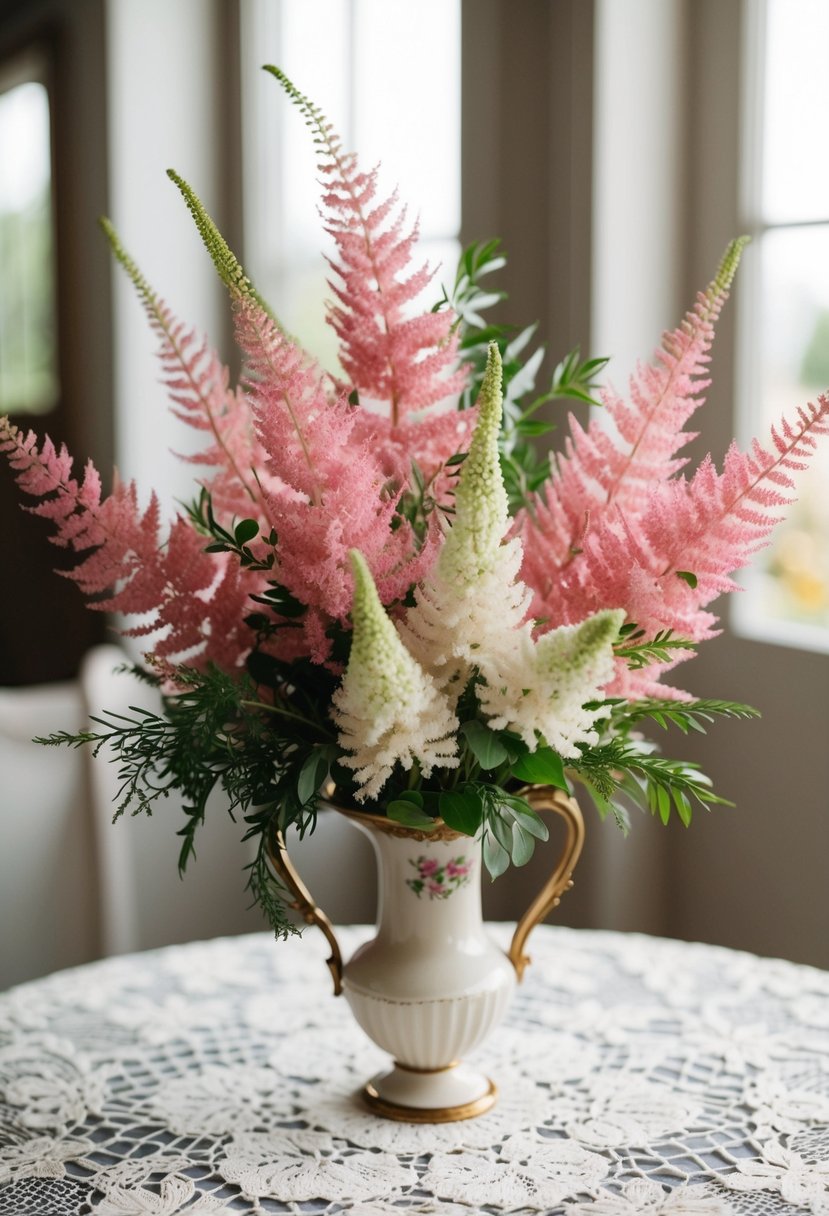 A delicate bouquet of pink and white astilbe, accented with greenery, sits in a vintage vase on a lace-covered table