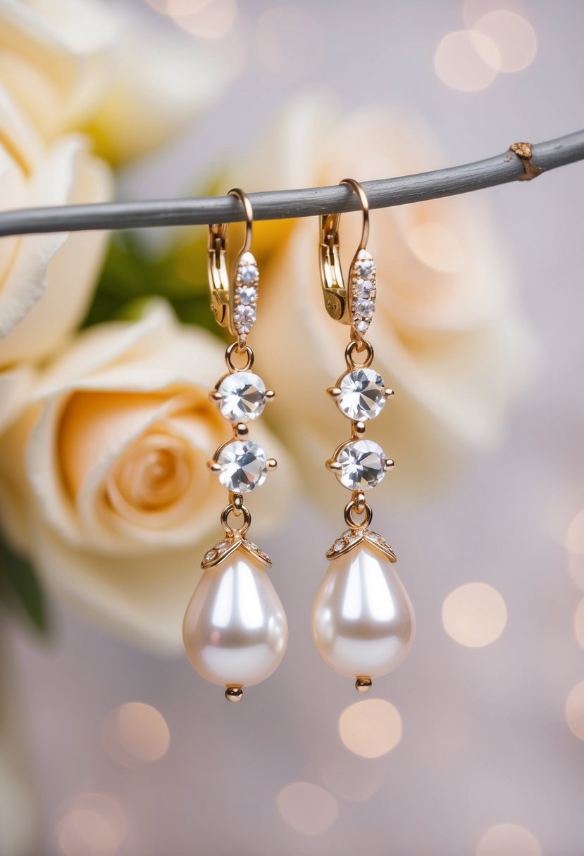 A close-up of elegant pearl and crystal drop earrings against a soft, romantic background