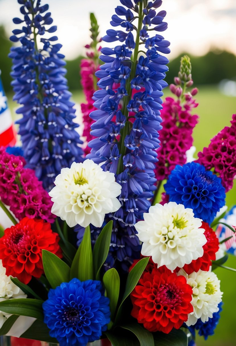 Vibrant delphinium stems arranged in a festive 4th of July wedding bouquet, with bold red, white, and blue colors