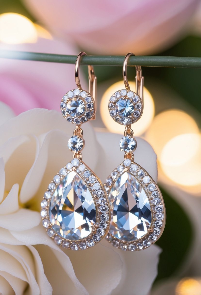 A pair of rhinestone dangle earrings sparkling under soft lighting, reflecting a romantic and elegant atmosphere