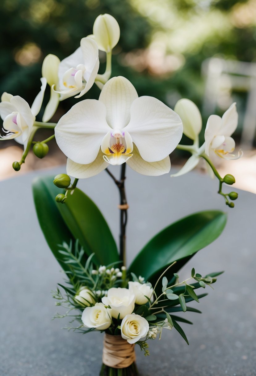 A single statement orchid stands out in a small wedding bouquet, surrounded by delicate foliage and smaller blooms