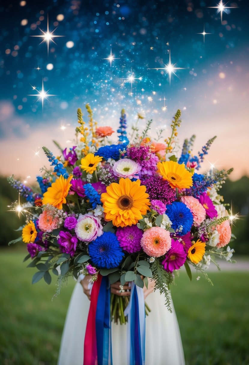 A bouquet of colorful flowers arranged in a cosmic and whimsical style, with sparkles and stars mixed in, evoking a magical 4th of July wedding theme