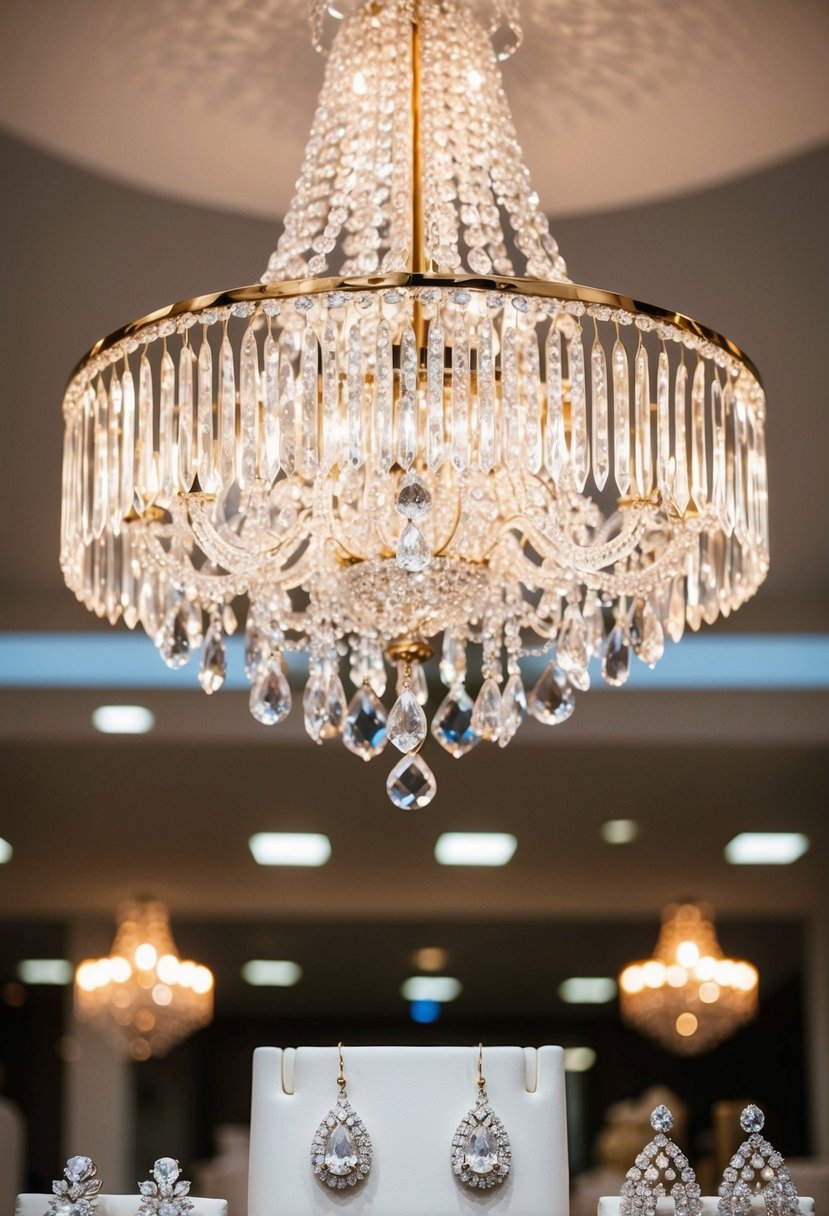 A sparkling chandelier hangs above a display of elegant crystal wedding earrings