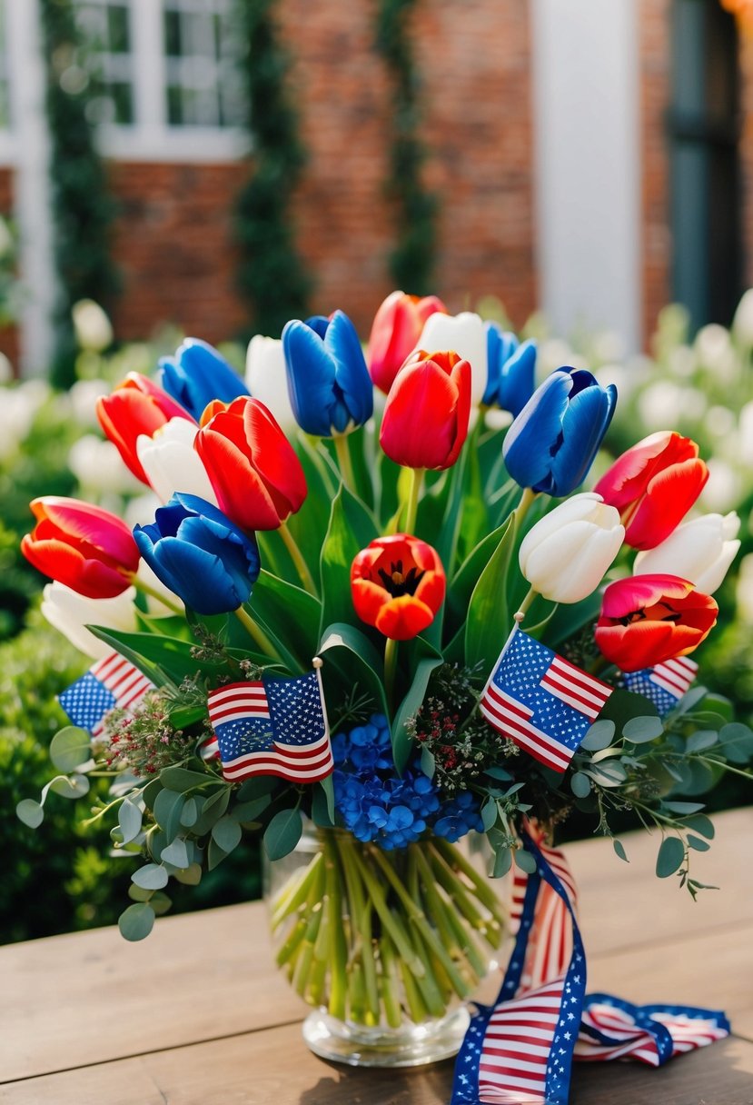 Vibrant parrot tulips arranged in a festive 4th of July wedding bouquet, featuring red, white, and blue colors with hints of green foliage