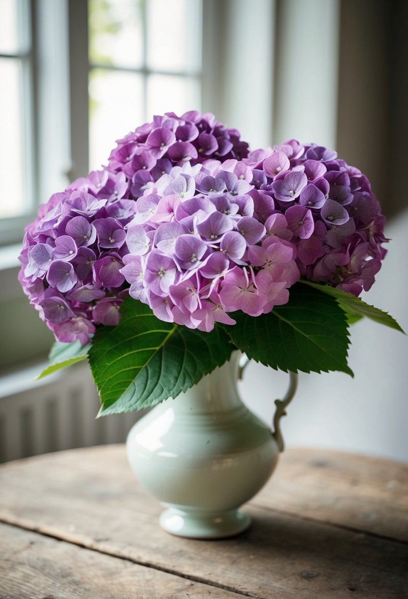 A small bouquet of hydrangeas nestled in a delicate vase on a rustic wooden table