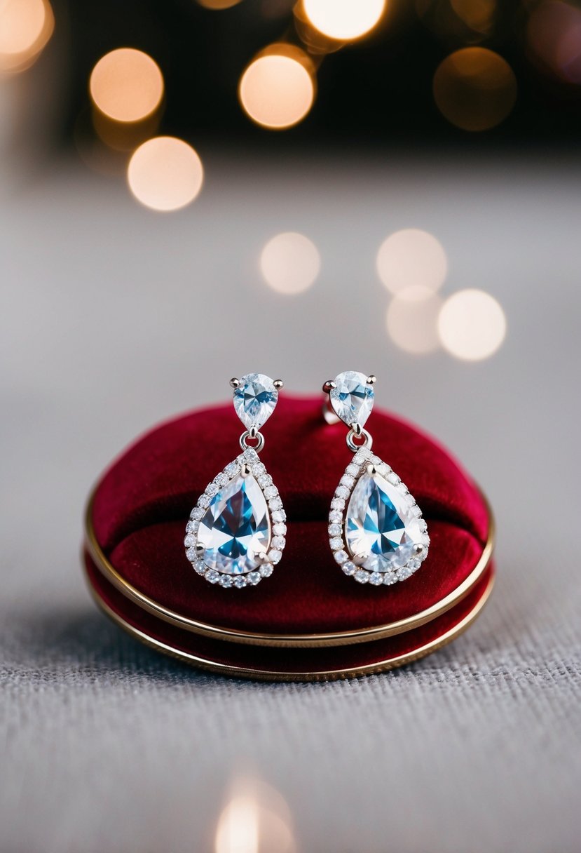 A pair of teardrop CZ earrings sparkling on a velvet cushion