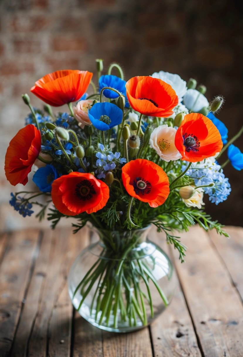 A vibrant bouquet of red, white, and blue poppies, accented with pastel blooms, sits in a clear glass vase on a rustic wooden table