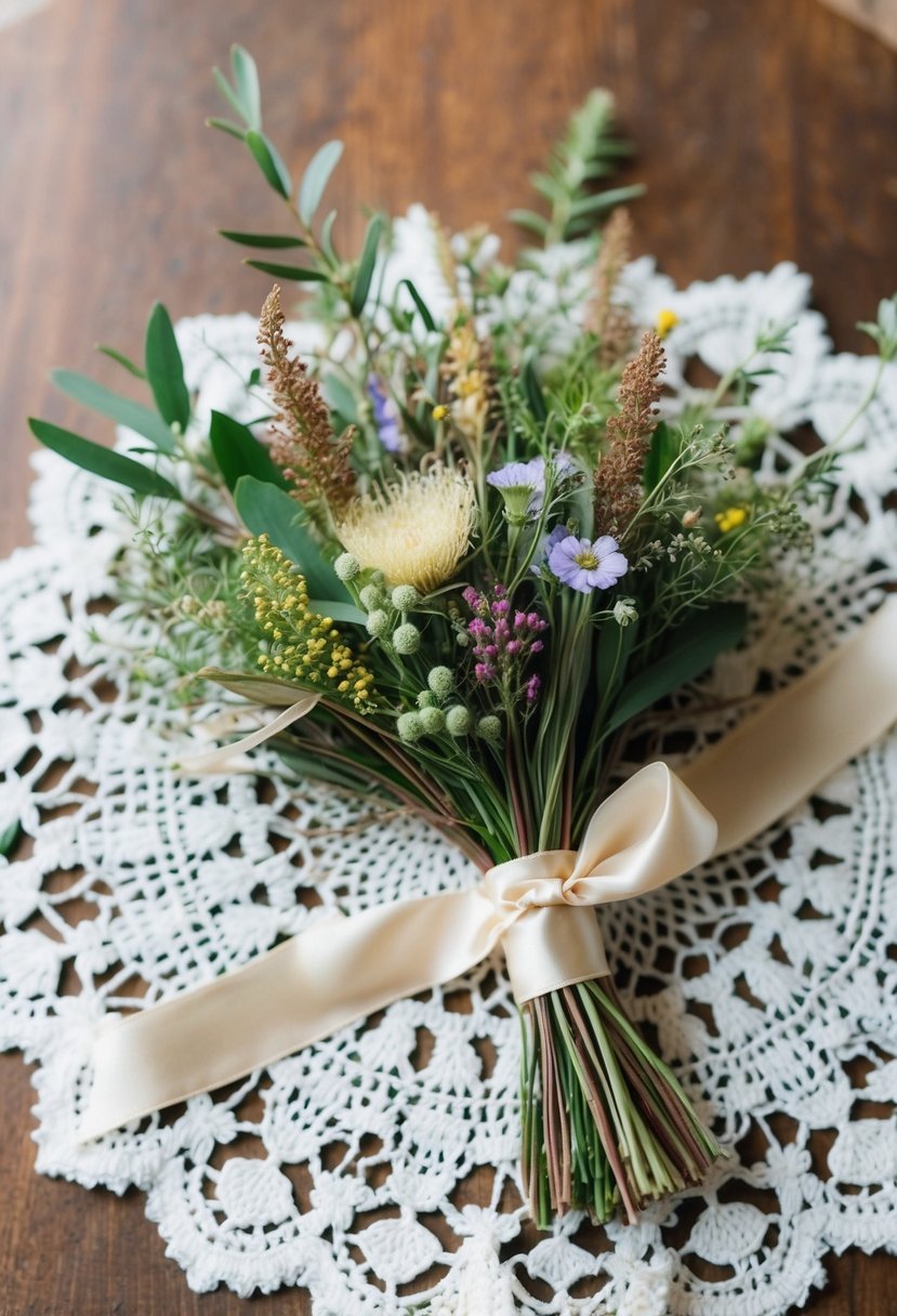 A delicate bouquet of wildflowers and greenery tied with a satin ribbon, resting on a vintage lace doily