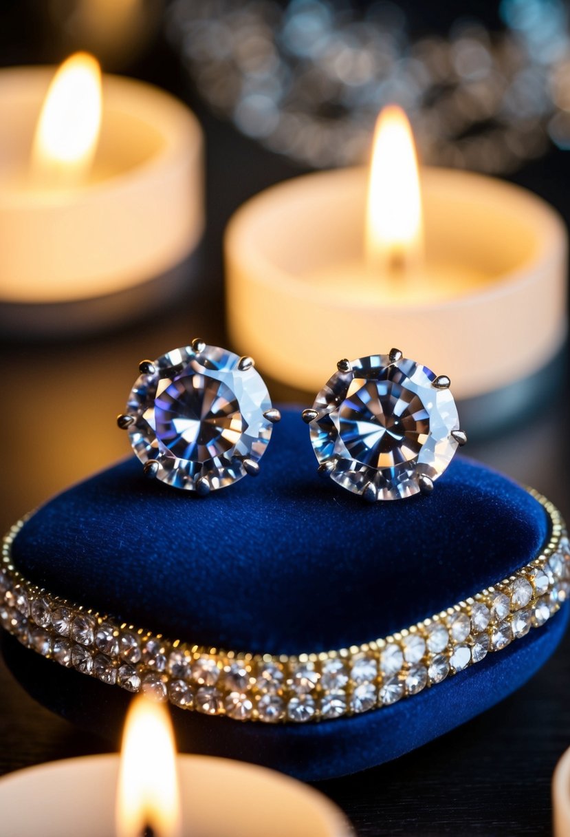 A pair of round crystal studs sparkle on a velvet cushion, surrounded by soft candlelight