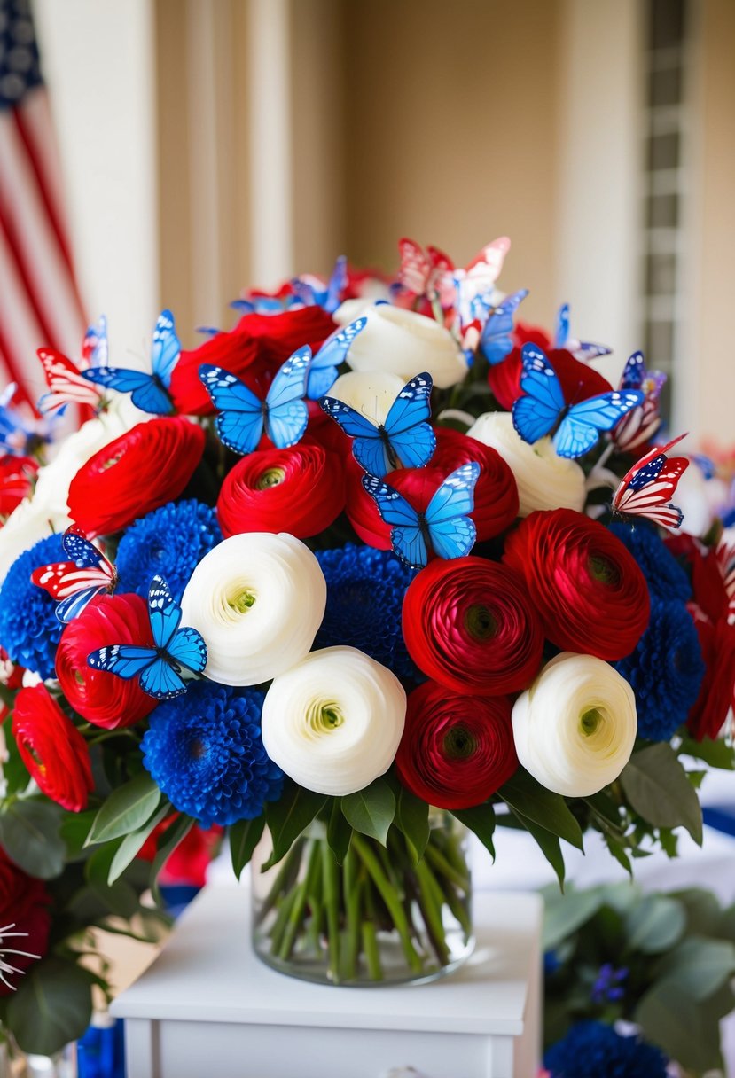 A vibrant bouquet of red, white, and blue butterfly ranunculus flowers arranged in a stunning display for a 4th of July wedding celebration