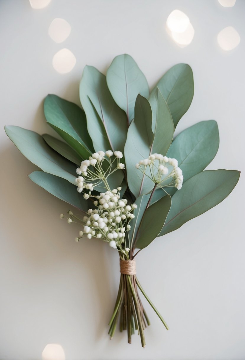 A small bouquet of eucalyptus leaves and delicate white flowers arranged in a simple, elegant manner