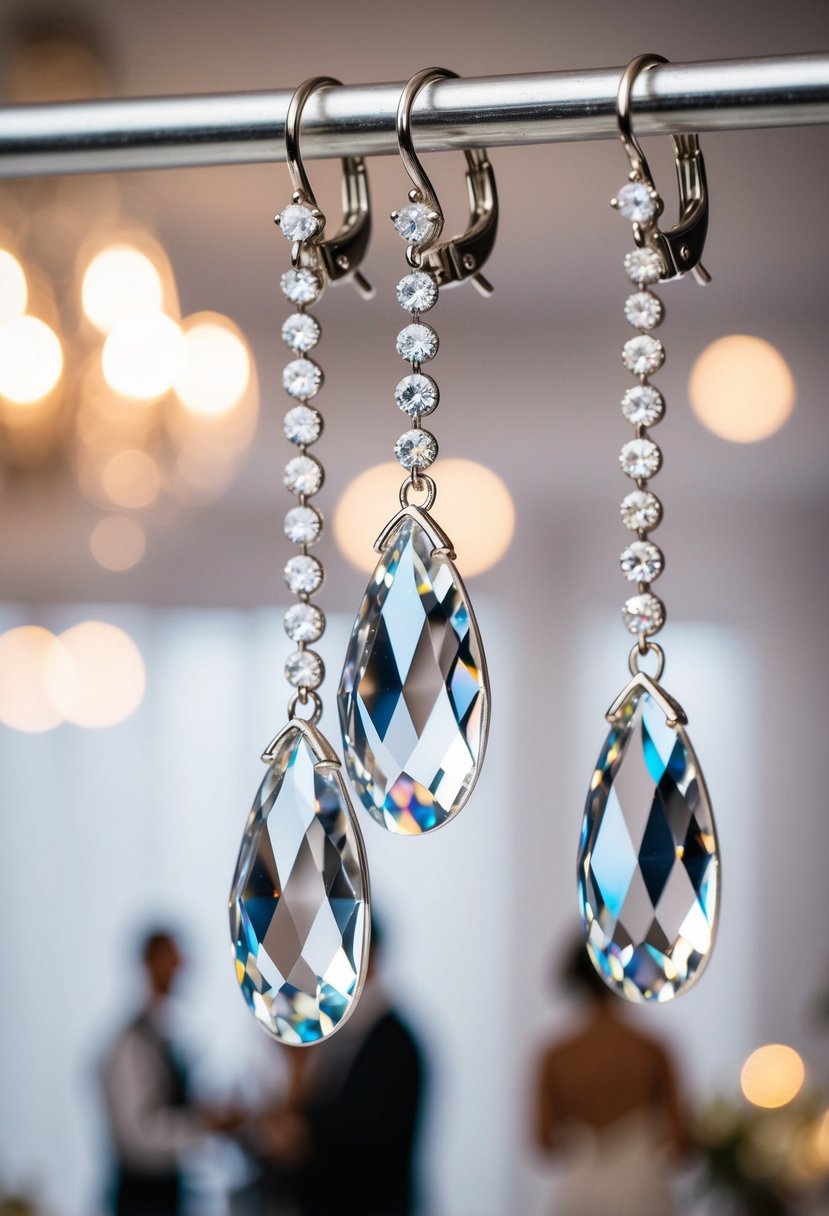 Sparkling oval crystal drops dangle from delicate silver settings, catching the light at a glamorous wedding reception