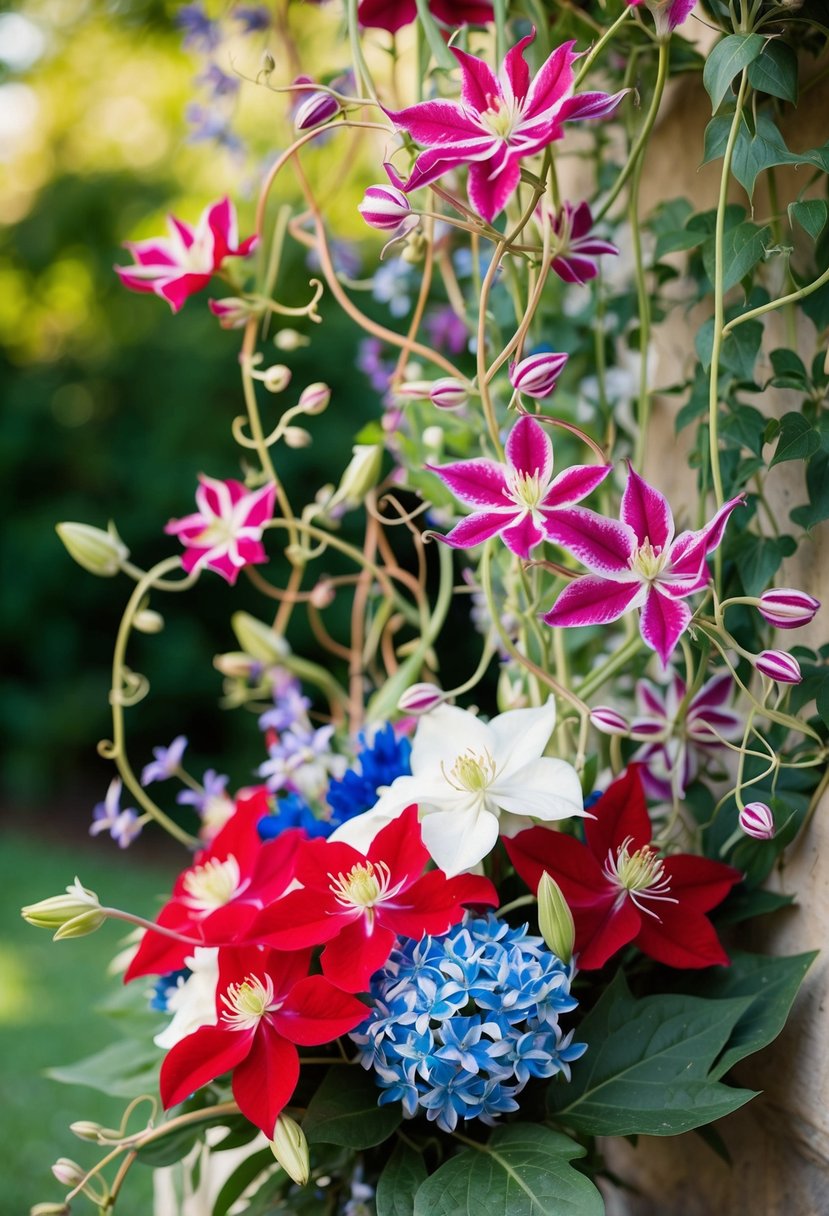 Vibrant clematis tendrils entwine around red, white, and blue blooms in a festive 4th of July wedding bouquet