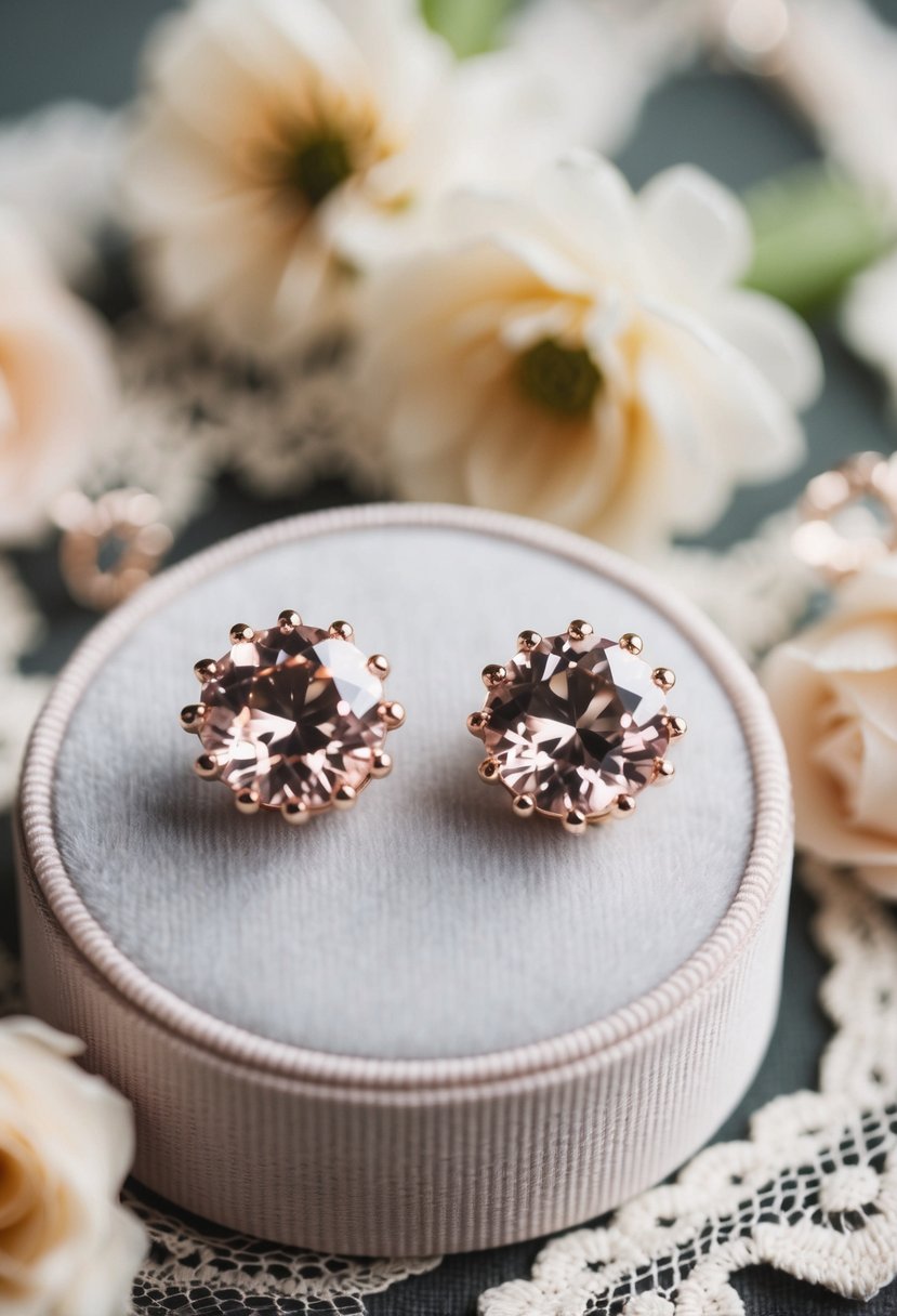 A pair of rose gold crystal earrings sparkling on a velvet display, surrounded by delicate lace and floral accents