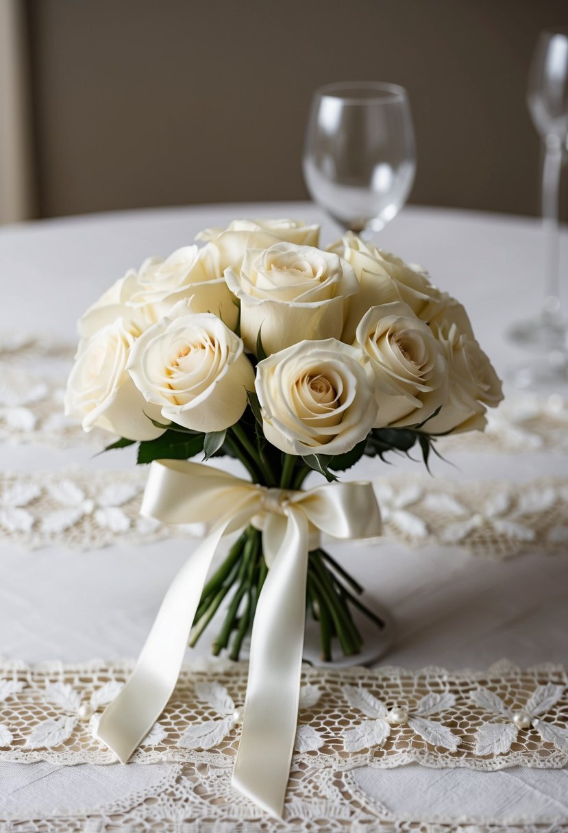 A small bouquet of ivory roses tied with a satin ribbon, resting on a lace table runner