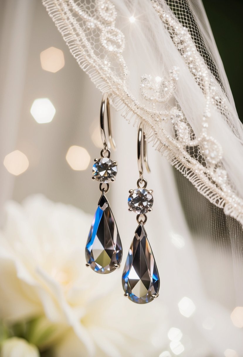 A pair of Swarovski crystal drop earrings glisten under soft lighting, casting shimmering reflections on a delicate lace wedding veil