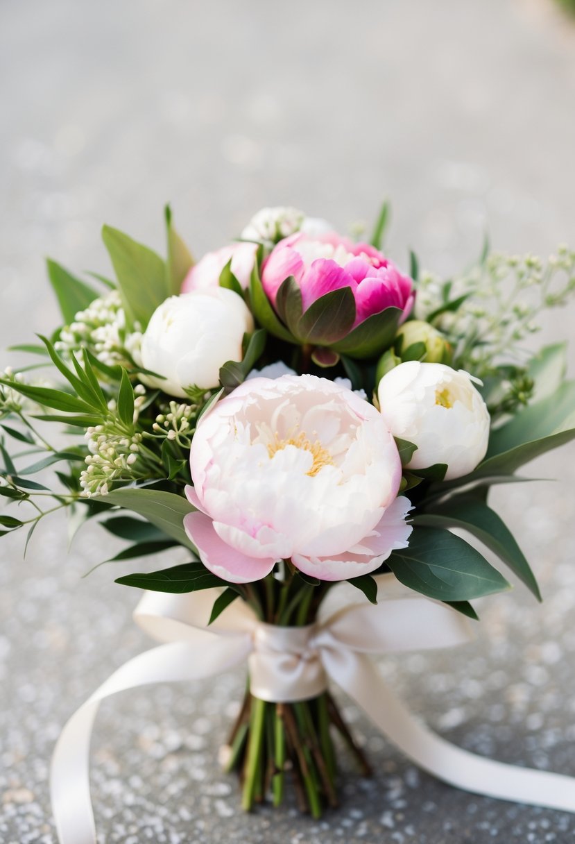 A small wedding bouquet featuring pink and white peonies in a delicate arrangement with greenery and ribbon accents