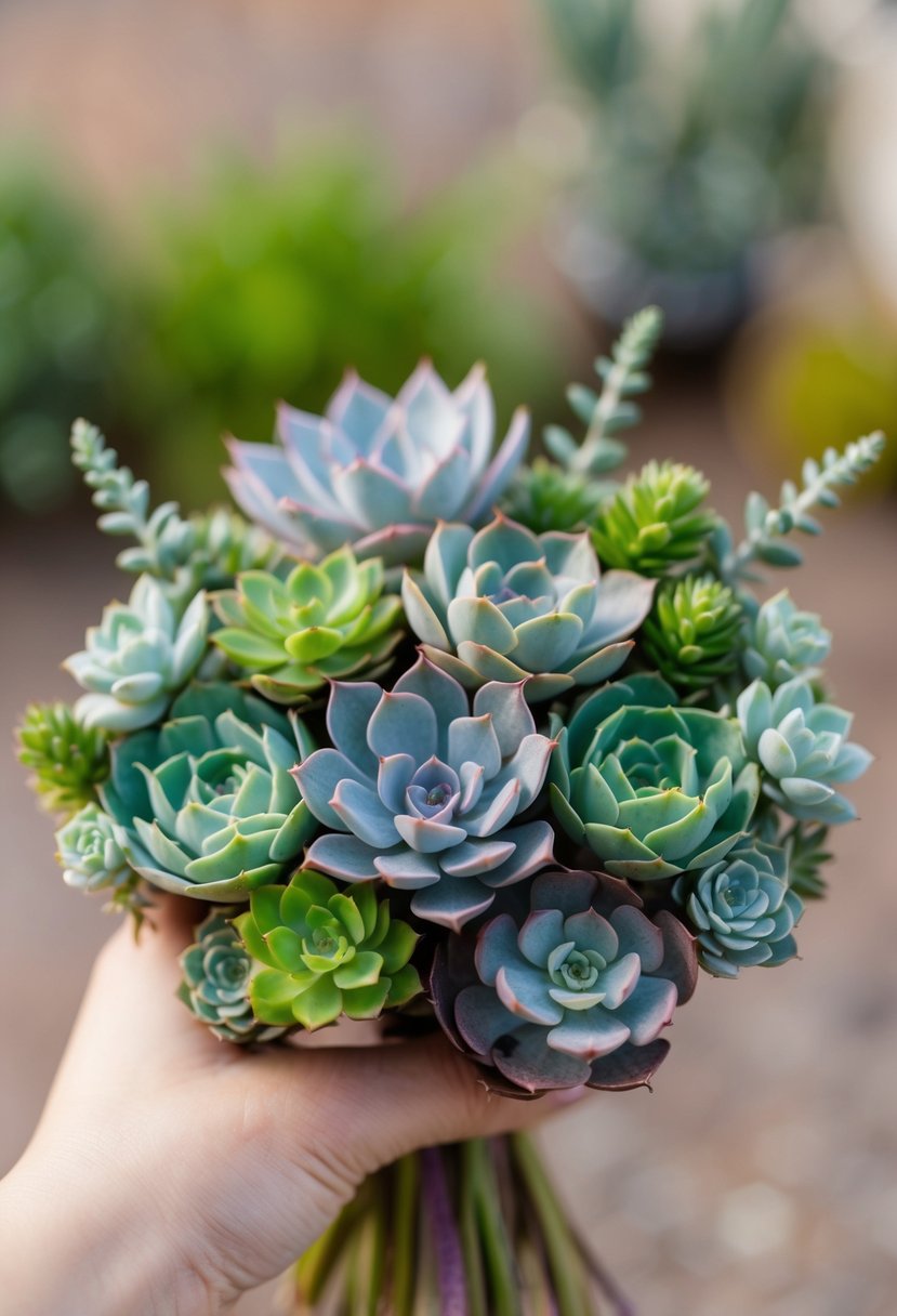 A small bouquet of various succulents arranged in a delicate and elegant manner, with soft green and purple hues