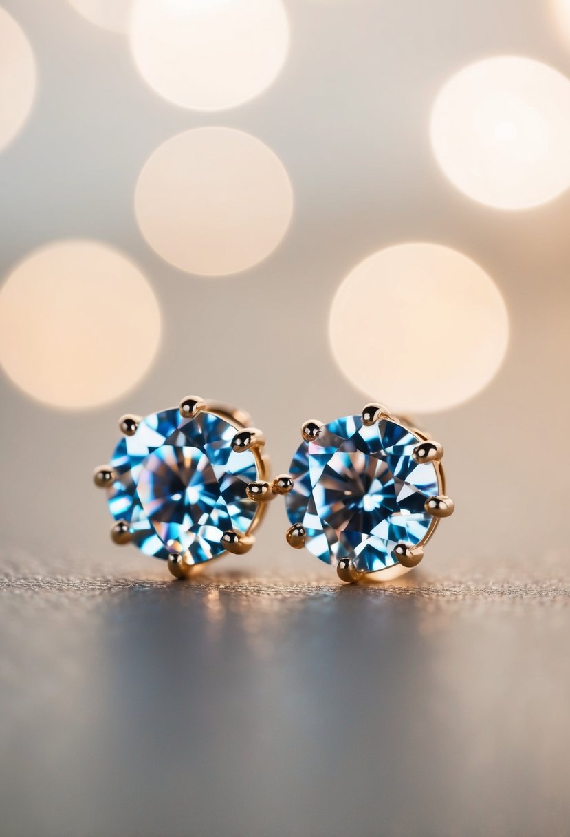 A close-up of modern romantic crystal earrings against a soft, blurred background, catching the light and showcasing their intricate design